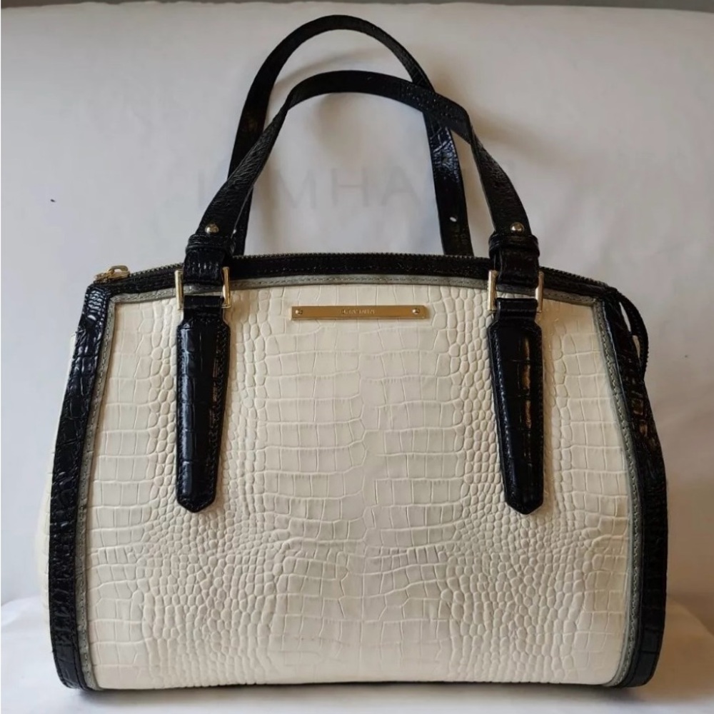 Elegant Brahmin Black and Cream Croc-Embossed Handbag